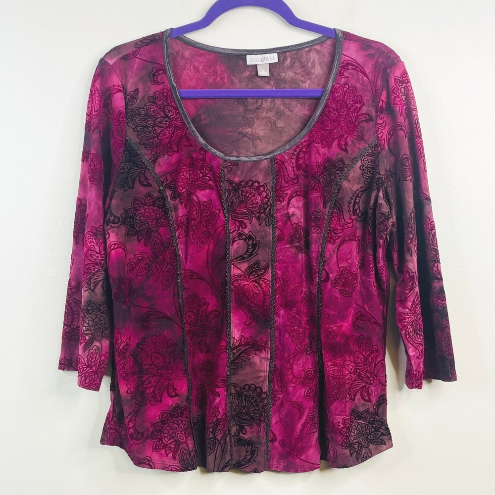 Vintage Y2K Burnout Velvet Top Womens XLarge Burgundy Mesh Floral Holiday Party
